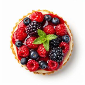 Delicious fruit tart topped with fresh berries and a mint leaf, isolated on a white background. Perfect for dessert or baking imagery.